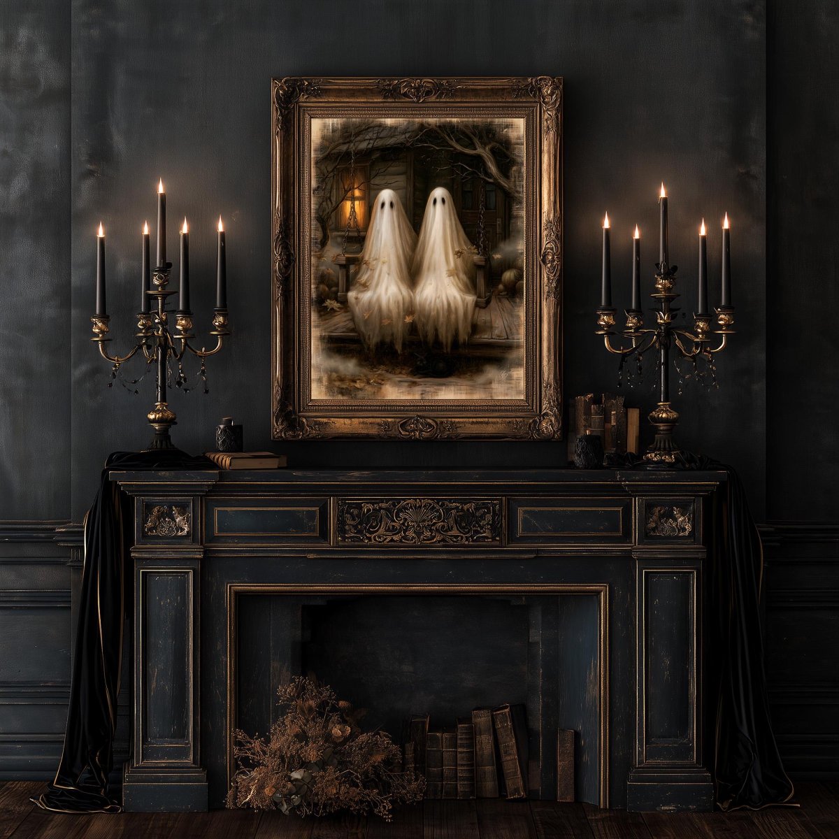 Ghost couple art print above a fireplace with a candelabra