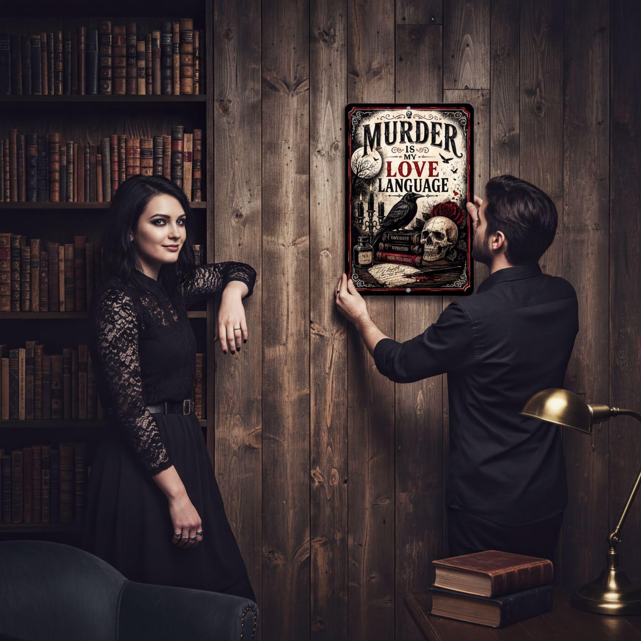 A woman in a black lace dress and a man in a black suit are standing in a room with a wooden wall, looking at a framed sign that reads "Murder is love language".