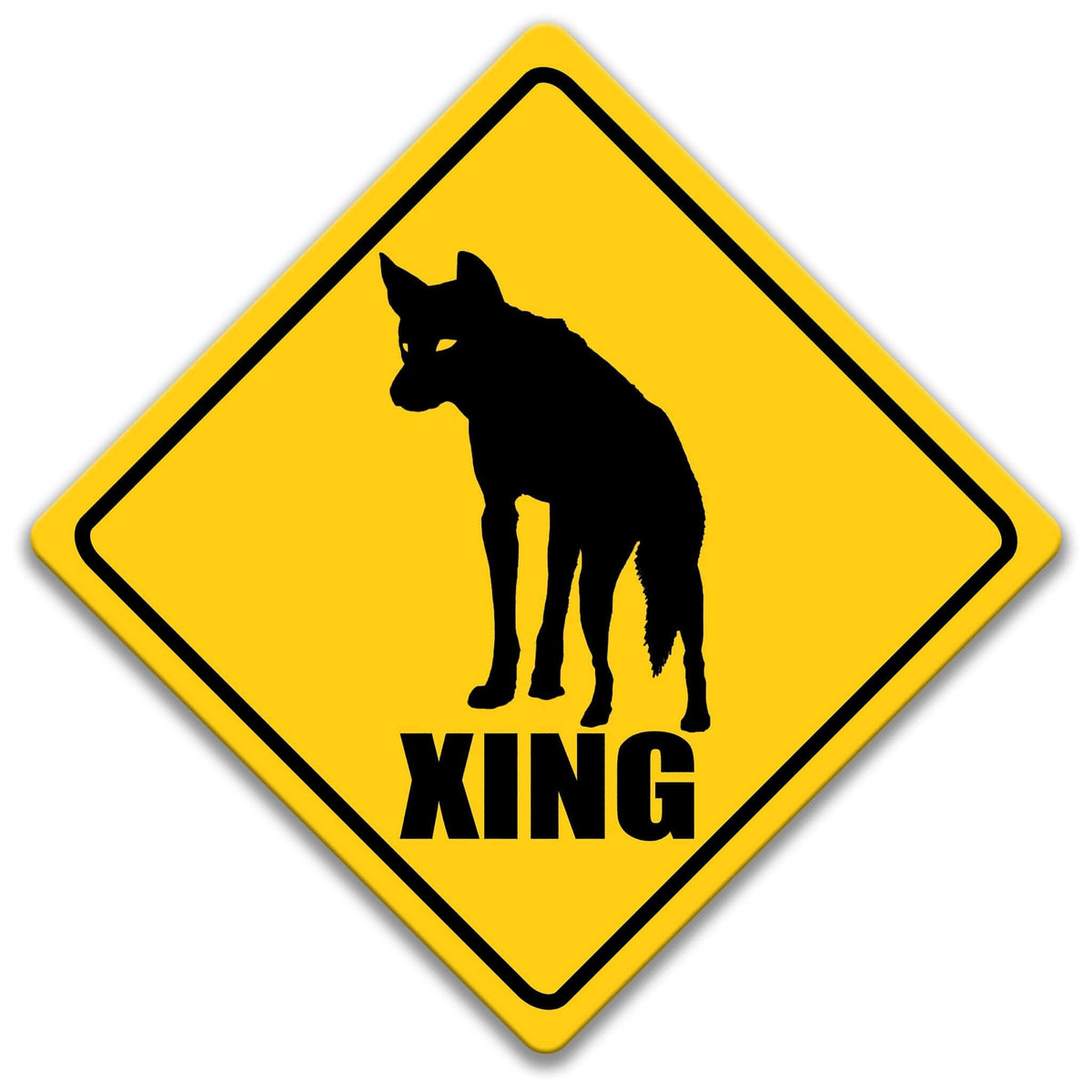 a yellow diamond-shaped sign with a black silhouette of a coyote and the word "XING" below it.