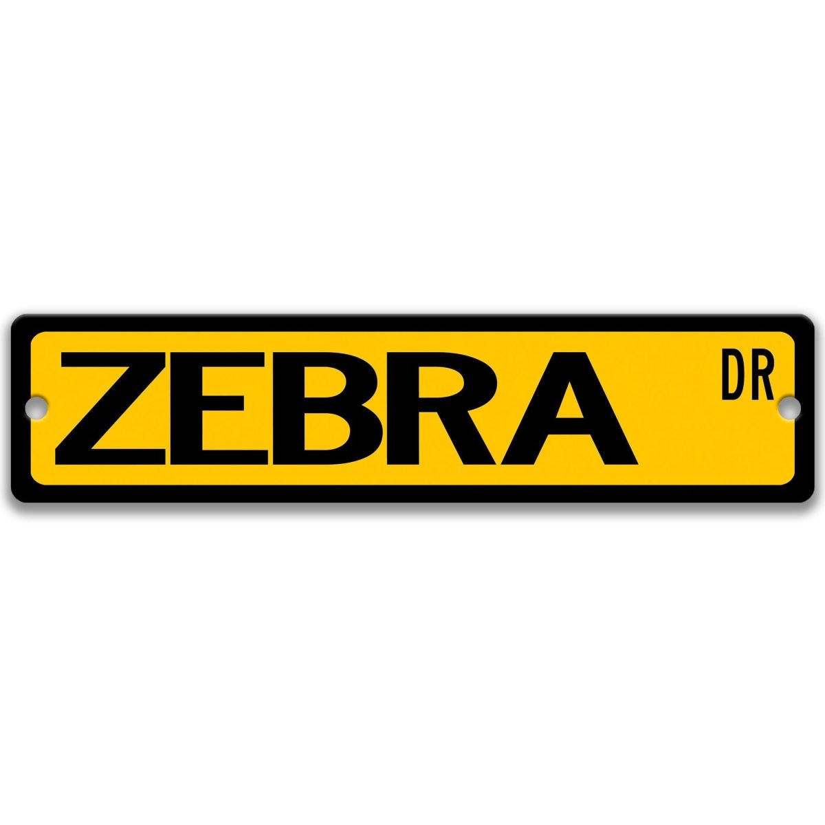 Zebra metal street sign with a yellow background reading ZEBRA DR