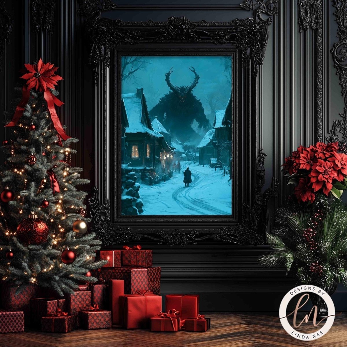 a Christmas scene with a large, ominous figure in the background, a decorated Christmas tree, and a display of wrapped gifts.