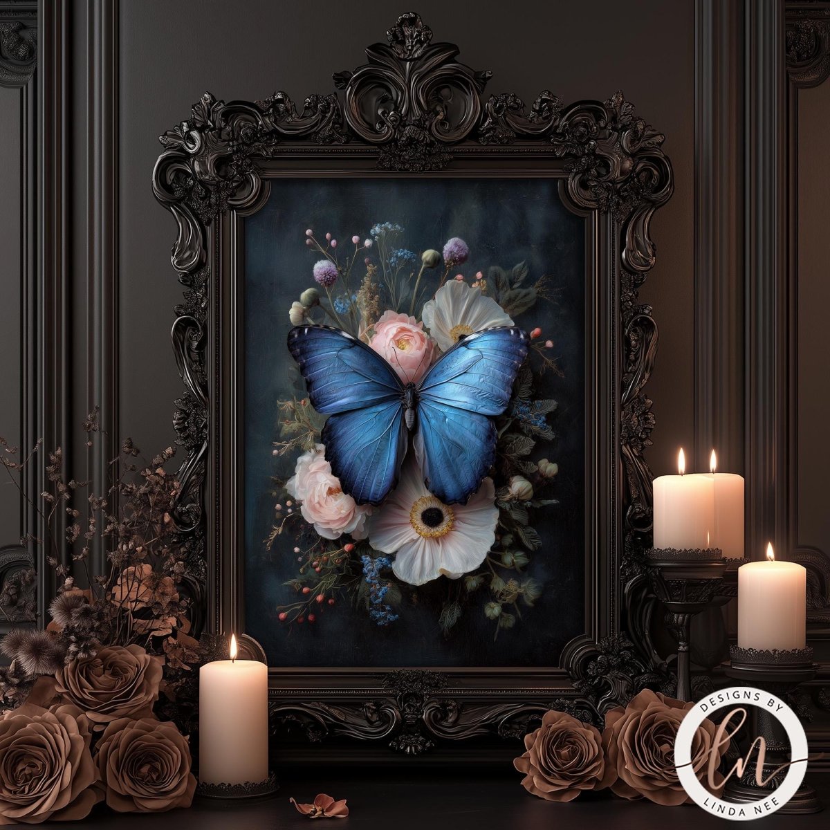 a framed painting of a blue butterfly surrounded by a floral arrangement, with candles and brown roses in the foreground.