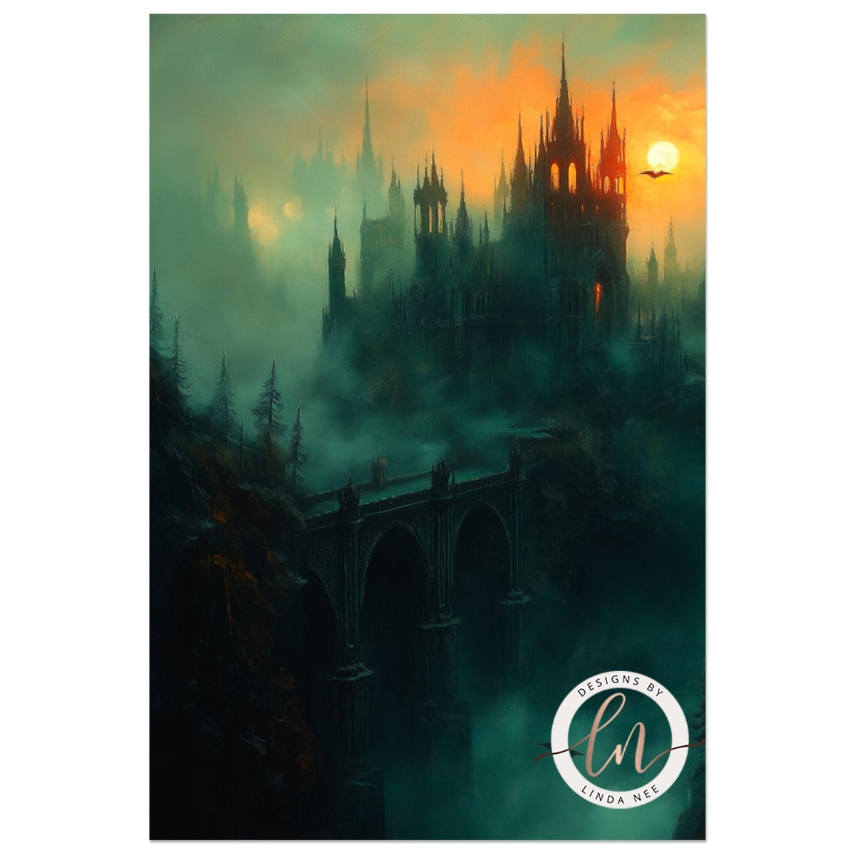 A fantastical castle shrouded in mist and fog, with a bridge spanning across it, set against a backdrop of a fiery orange sky.