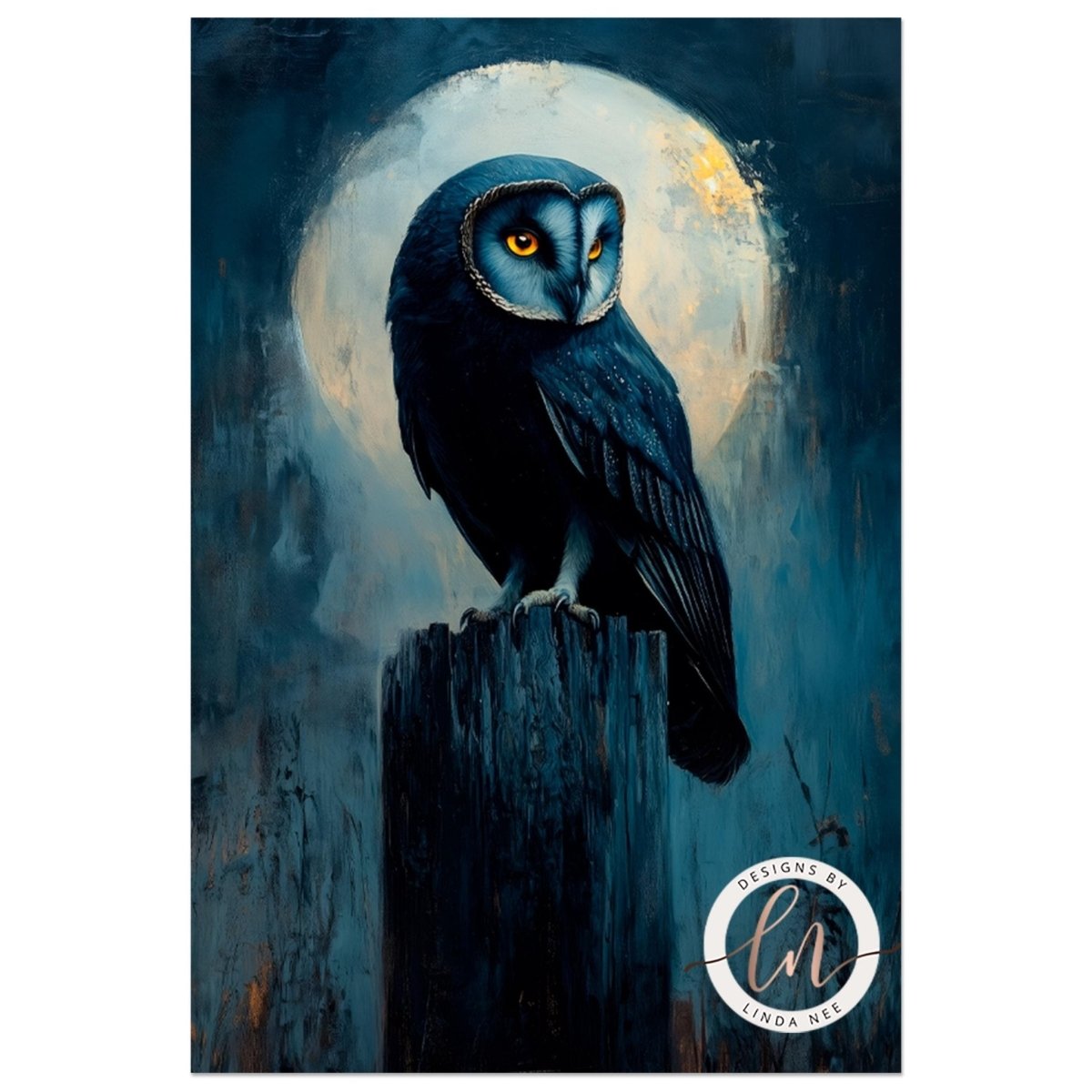 A black owl perched on a wooden post, gazing intently at the viewer against a dark, moody background with a large, glowing moon.
