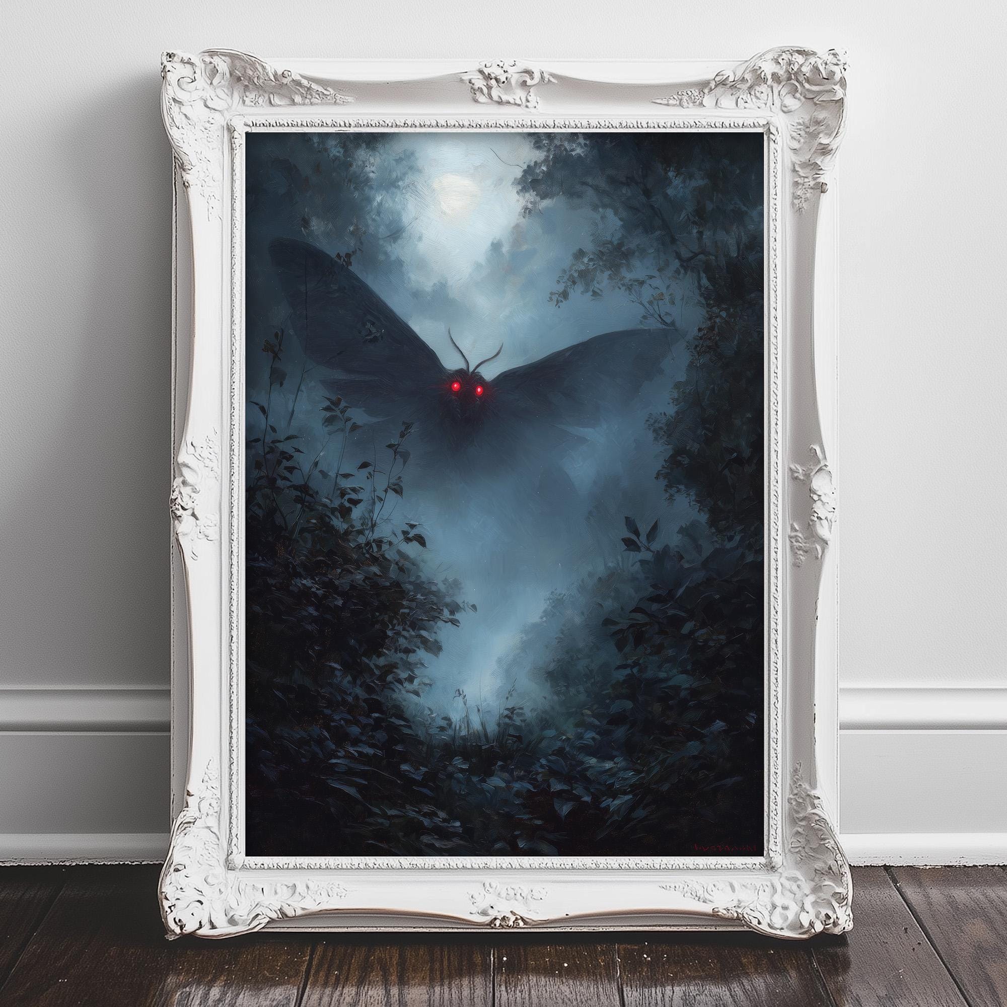 a large moth with glowing red eyes, flying through a misty, dark forest.