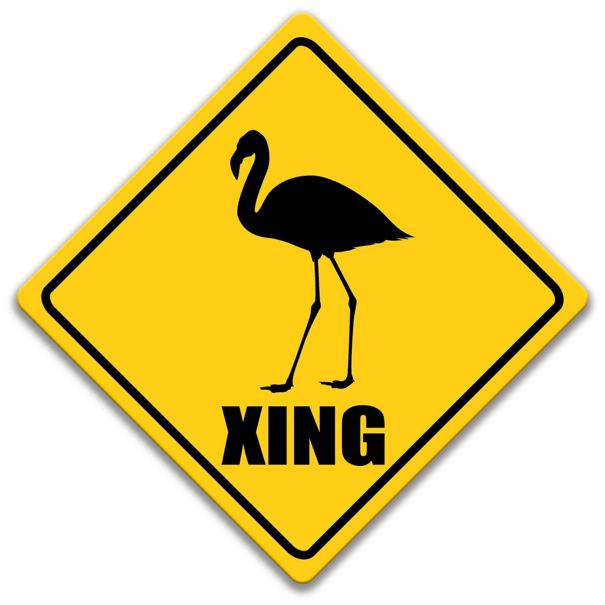 A yellow diamond-shaped sign with a black silhouette of a flamingo and the word "XING" below it.