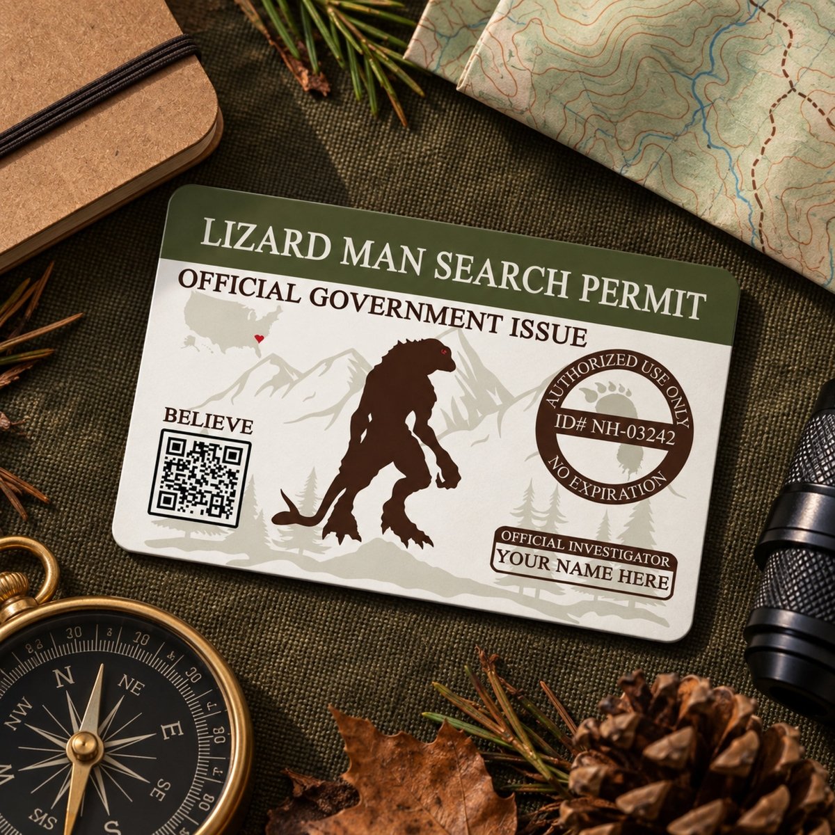 a lizard man search permit with various items surrounding it, including a compass, pine needles, and a map.