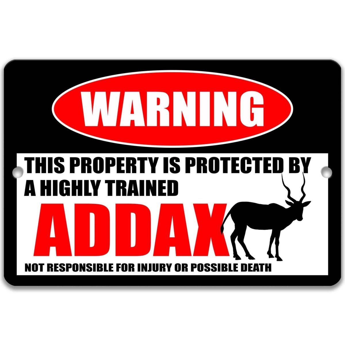 Addax antelope warning metal sign, glossy black, red WARNING oval and spiral-horned addax silhouette