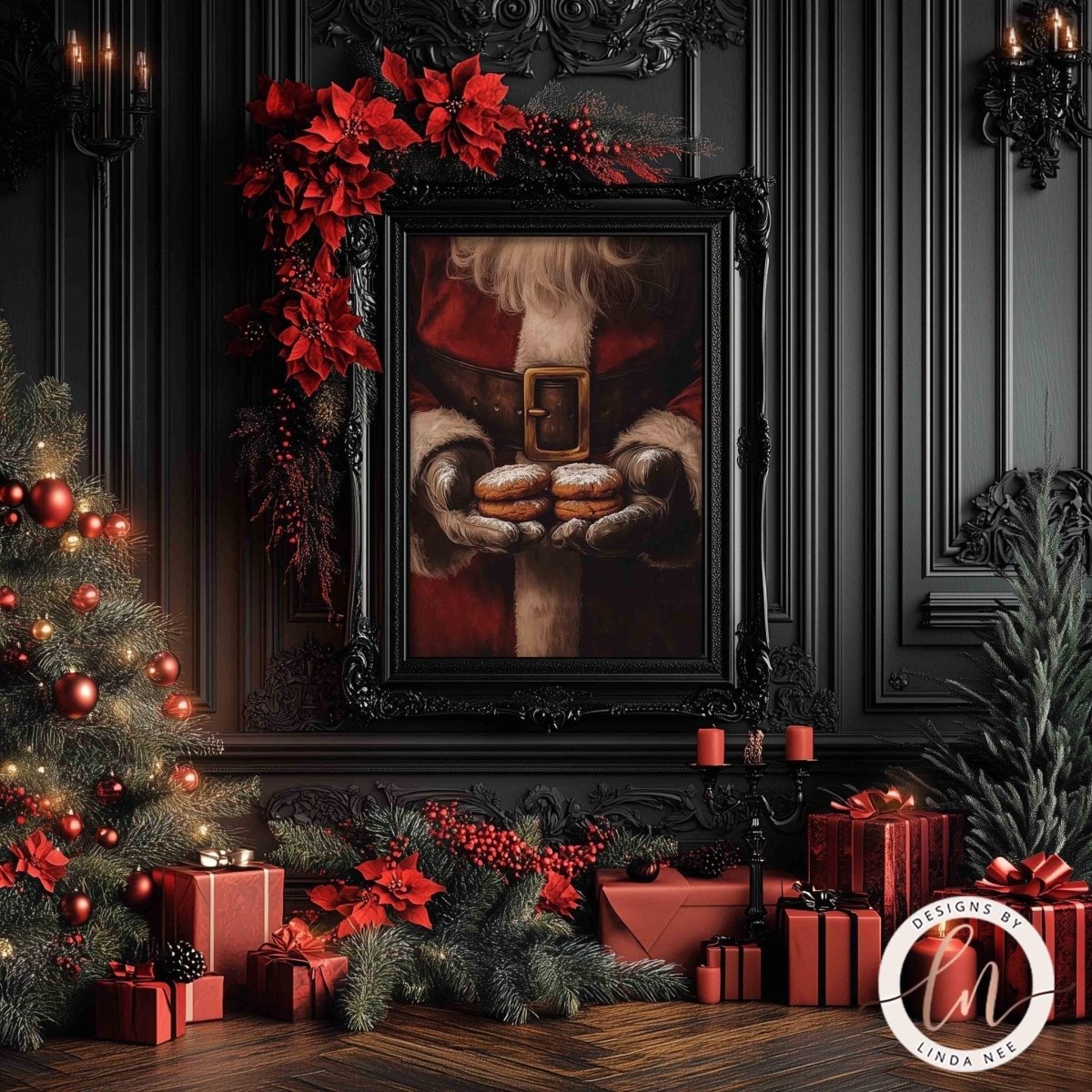 Cookies for Santa wall art displayed with poinsettias and wrapped presents