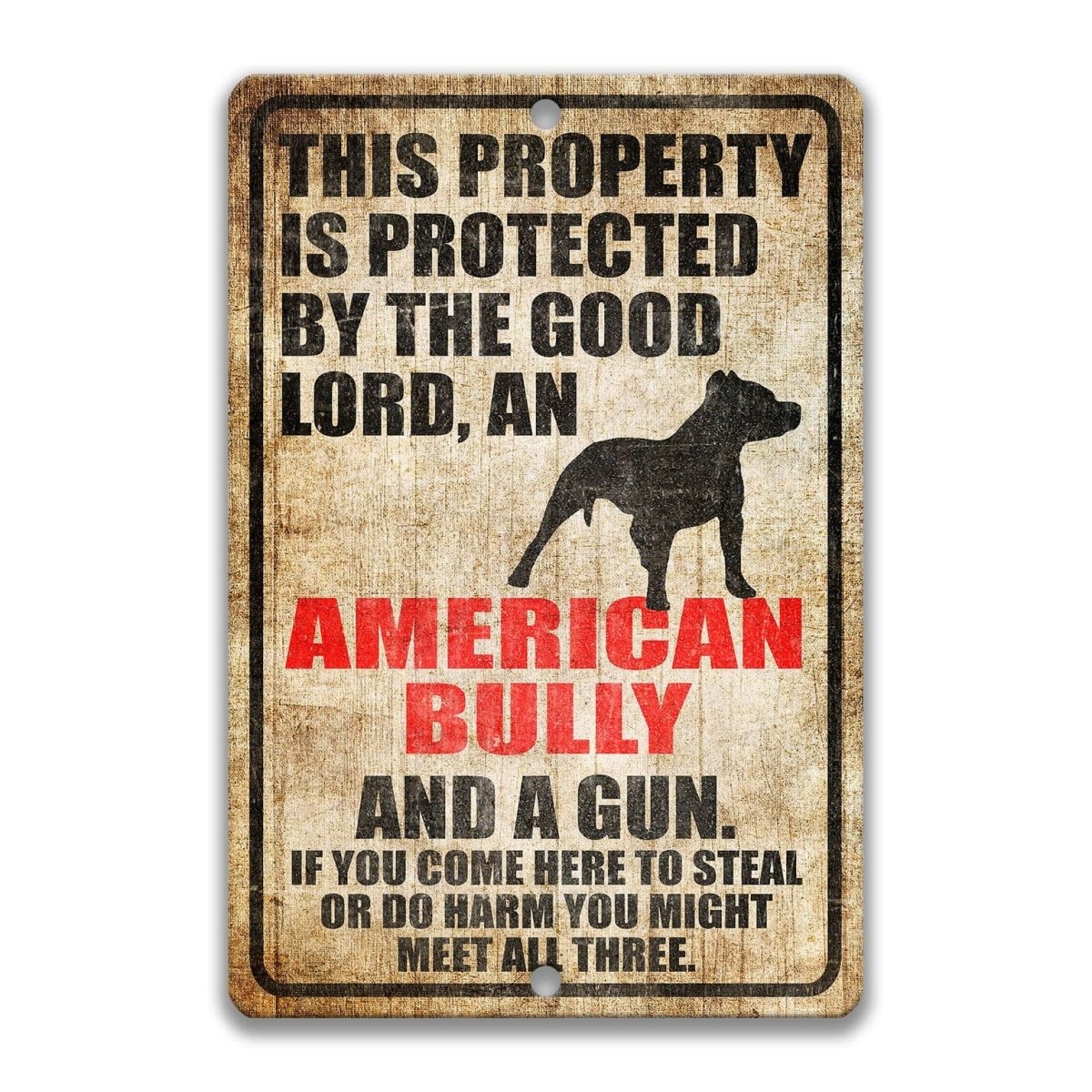 The image is a sign that warns people about the presence of an American Bulldog and a gun.