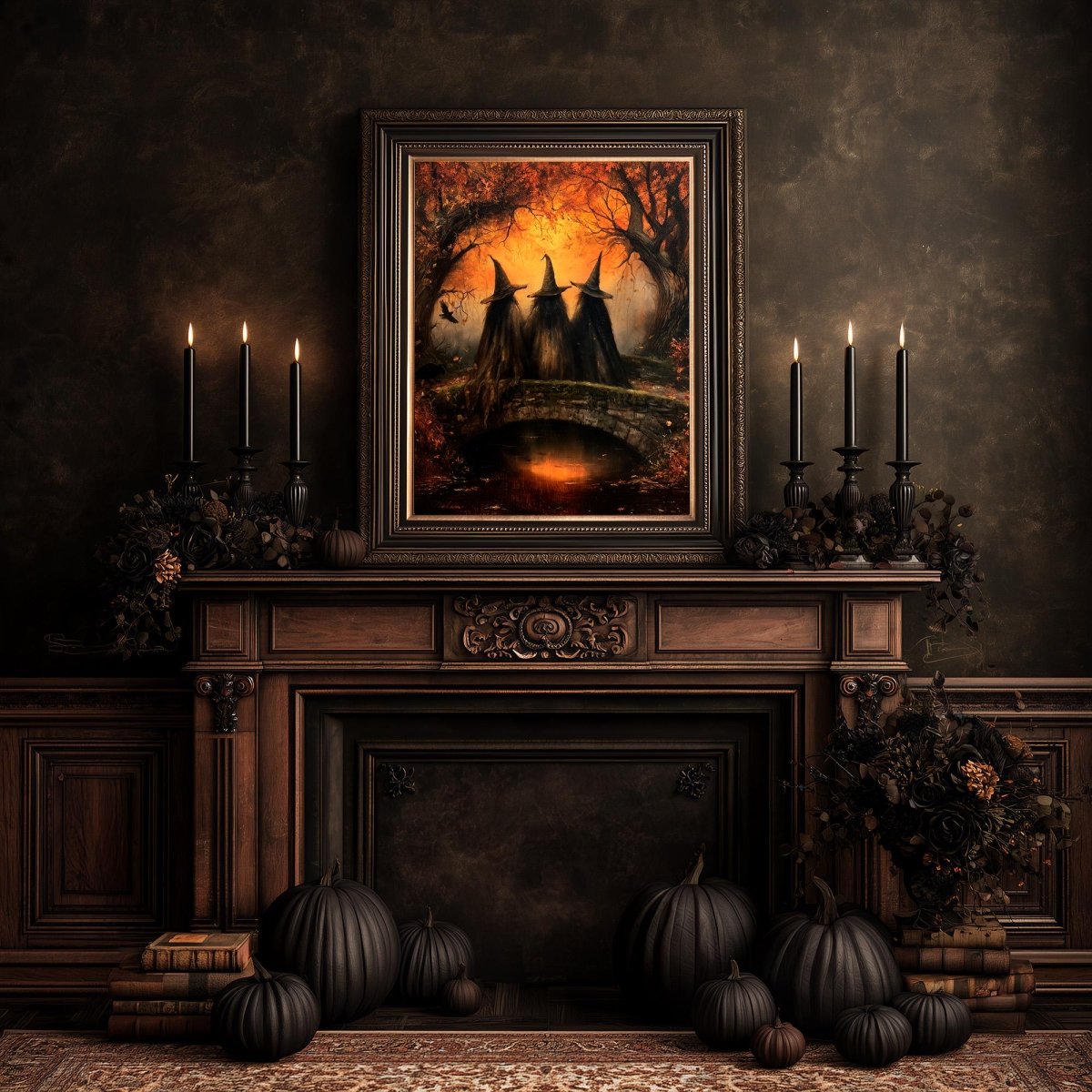 Autumn witches art print above a gothic fireplace with pumpkins and candles