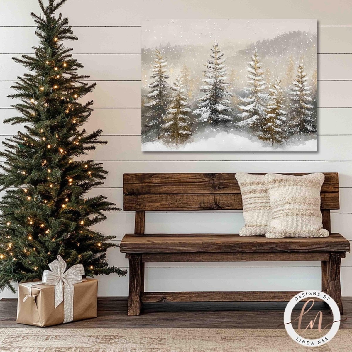 Snowy pine trees in fog displayed above a wooden bench beside a lit tree