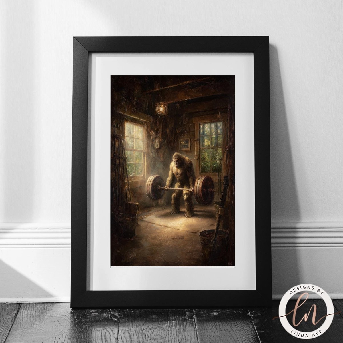 A framed painting depicting a person lifting weights in a rustic setting, with a window and wooden beams in the background.
