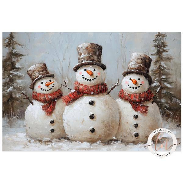 Three snowmen wearing top hats and red scarves standing in open snow