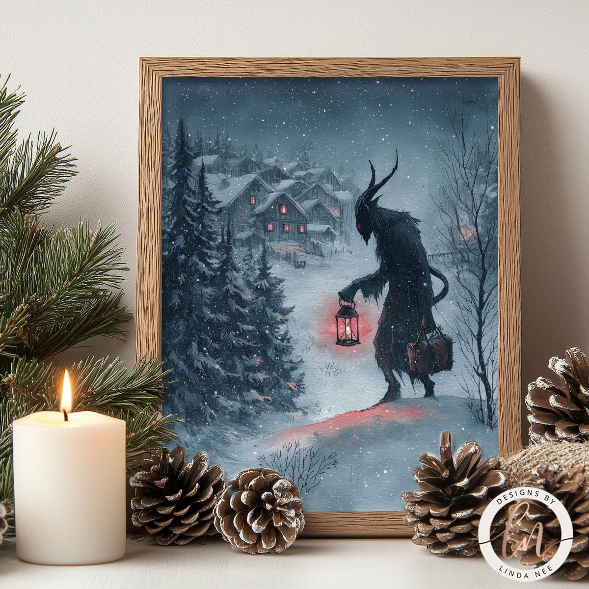 Krampus walking through deep snow carrying a lantern, gothic Christmas wall art