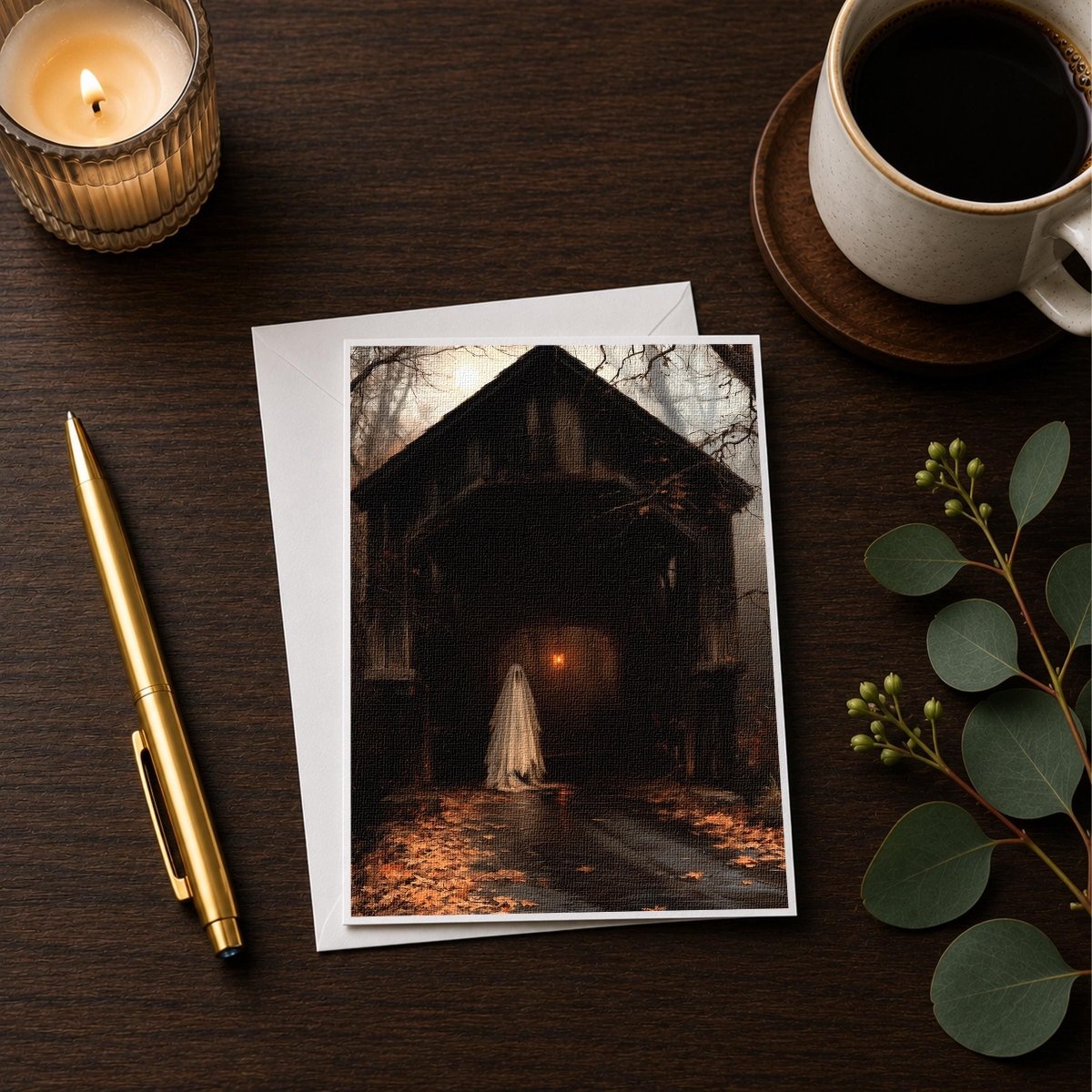 Ghost in a Covered Bridge Halloween note card styled with a candle, pen, and coffee