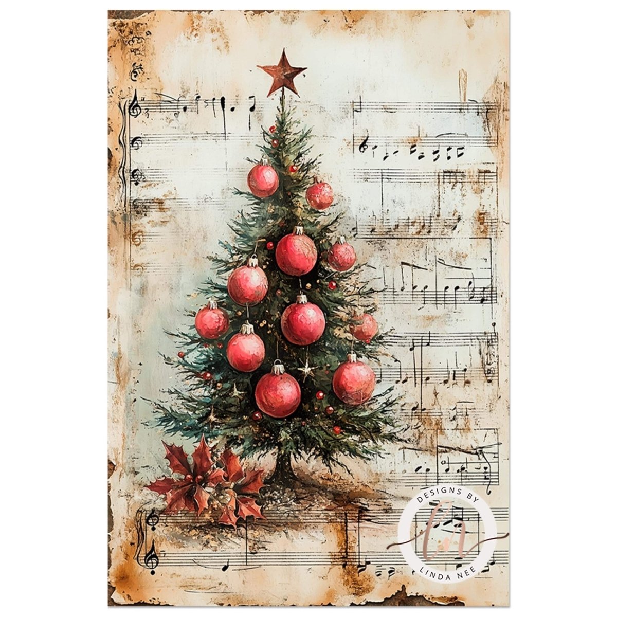 Red ornamented Christmas tree and star set against aged carol sheet music