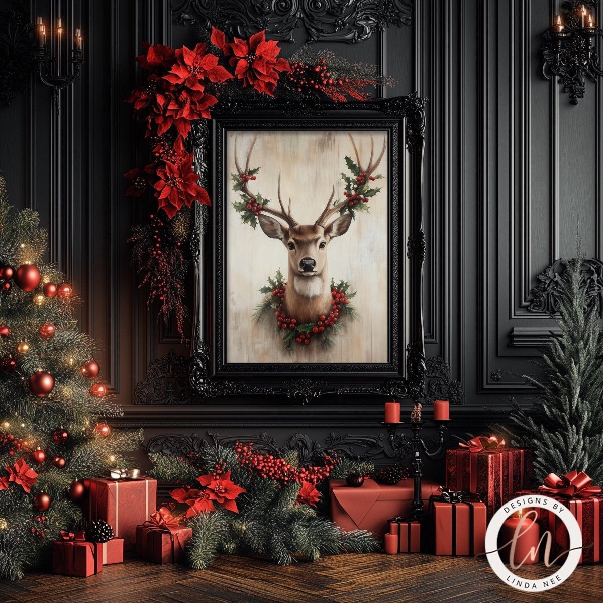 a festive Christmas scene with a decorated Christmas tree, a framed painting of a deer wearing a wreath, and red presents and decorations surrounding the scene.