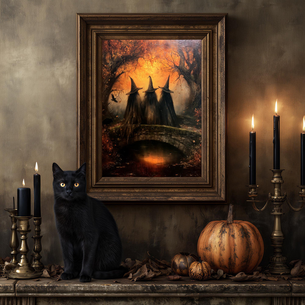Black cat on a mantel below the autumn coven print beside a lit candlestick