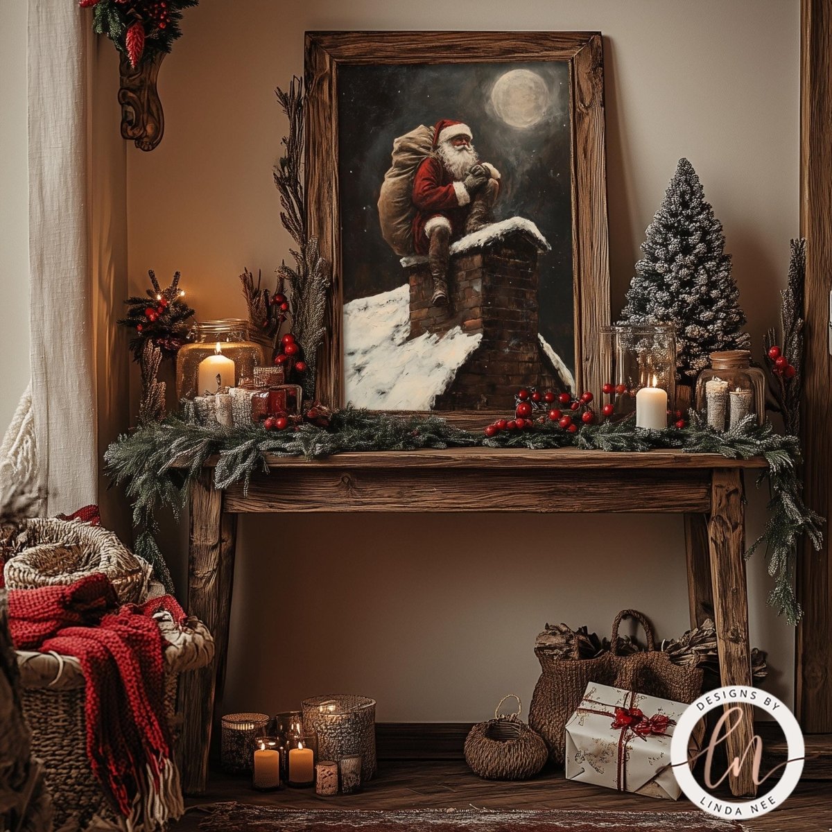 Classic Santa Claus print displayed with berries, candles and a lit Christmas tree