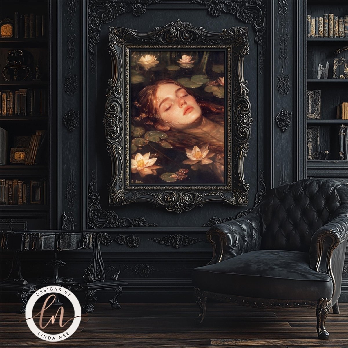 Ophelia face among lily pads print displayed in a black frame