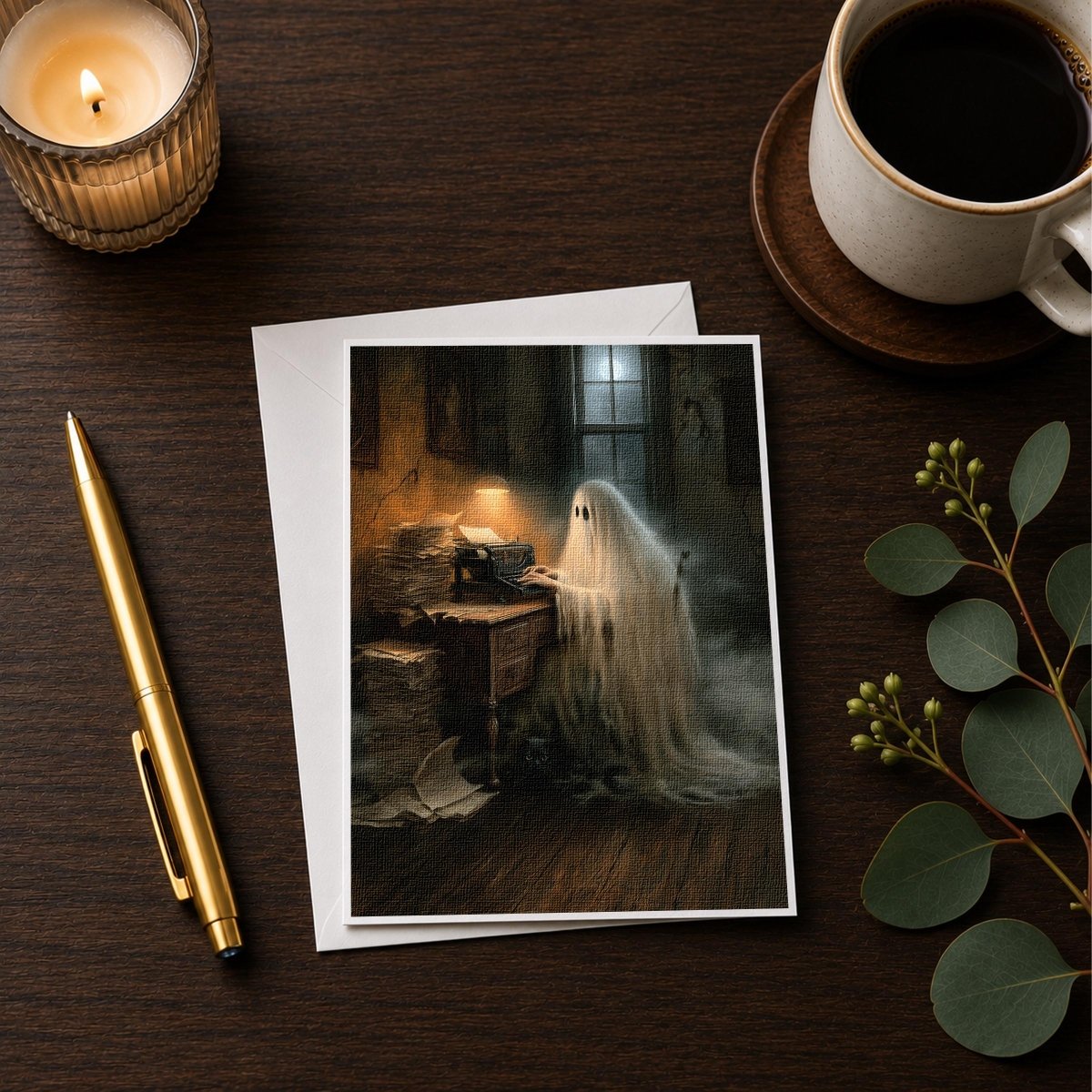 Ghost writer Halloween note card styled with a coffee cup on a desk