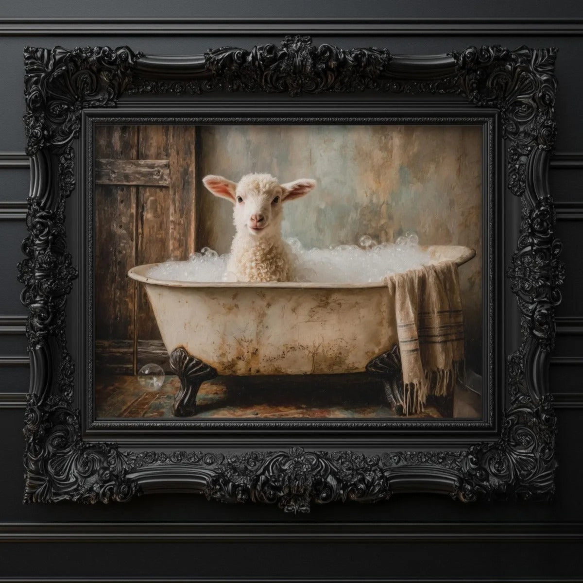 A white lamb sitting in a bathtub filled with bubbles, surrounded by a wooden door and a towel.