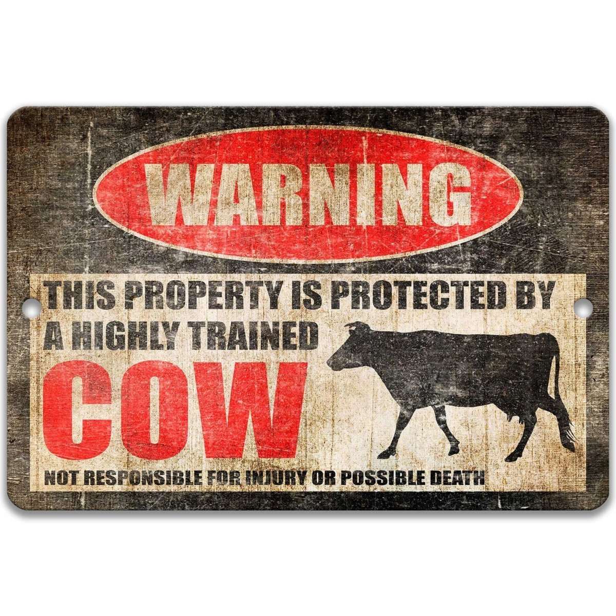 Cow warning sign, red WARNING oval, this property is protected by a highly trained Cow, with cow silhouette
