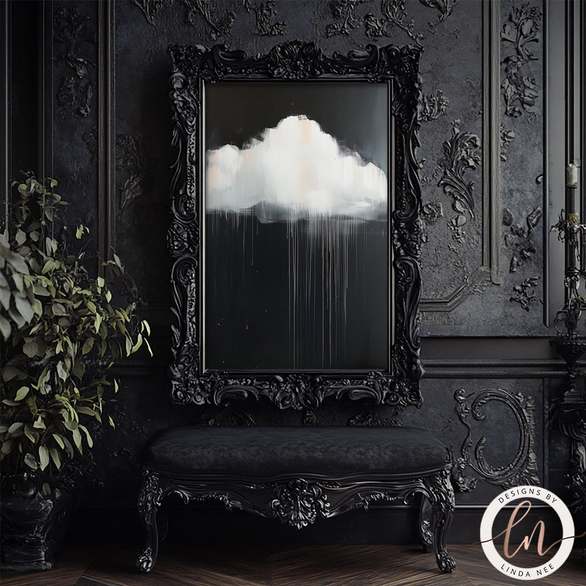 The image is a black and white abstract painting depicting a large, fluffy cloud against a dark background.