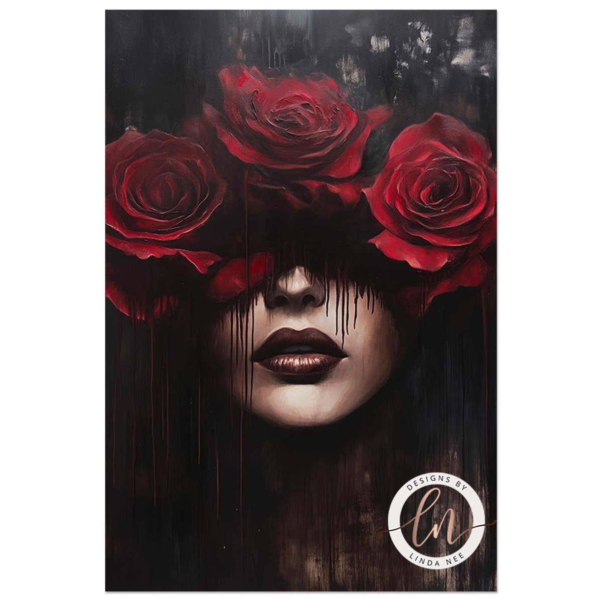 The image is a painting featuring a woman's face partially obscured by three large red roses.