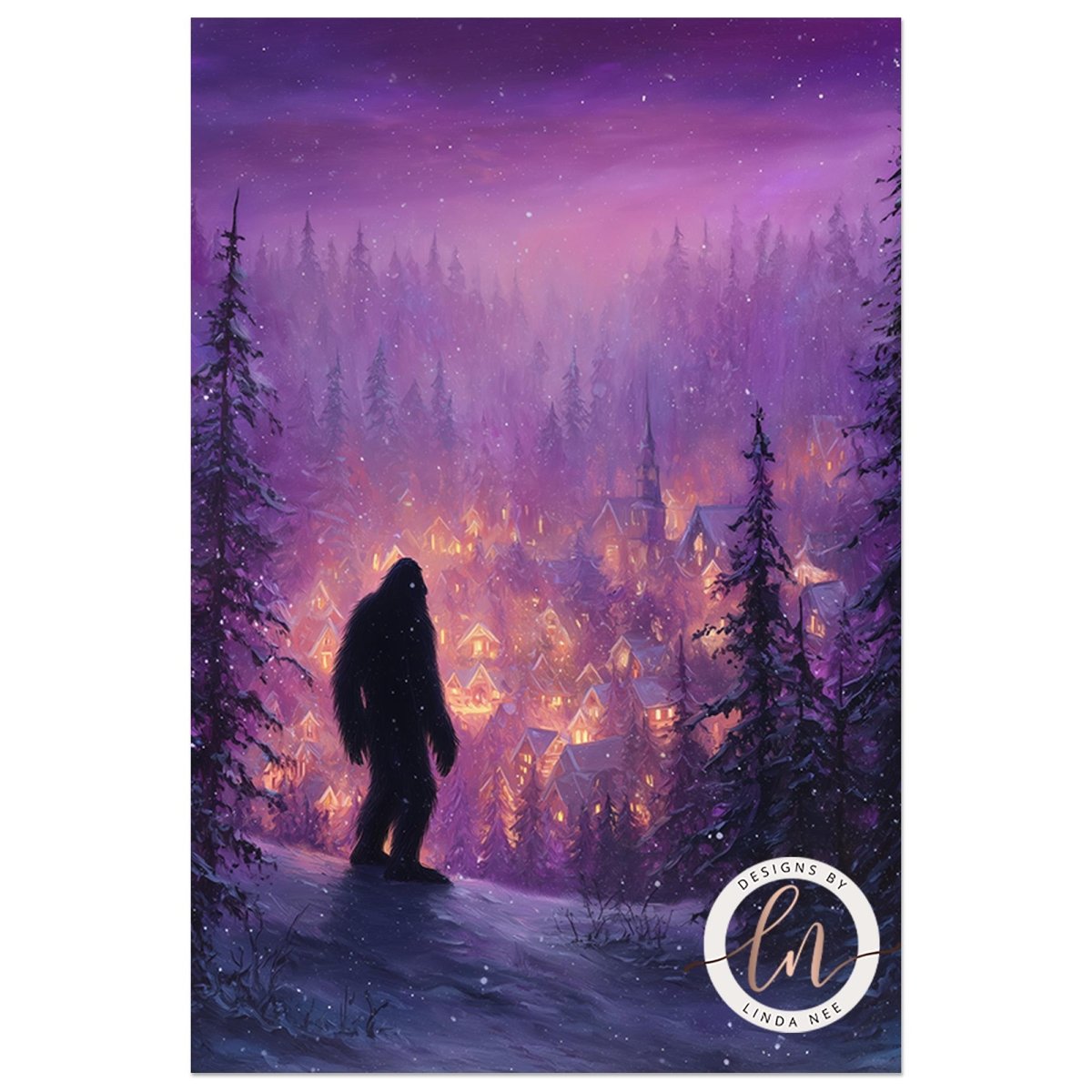 Sasquatch silhouette on a snowy rise above a village glowing with warm lights
