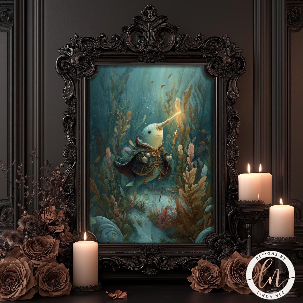 a painting of a fish with a long, pointed nose, surrounded by a lush underwater scene with plants and rocks. The painting is framed in an ornate black frame and is displayed on a dark wall. There are three lit candles in the foreground, and the image also includes some floral arrangements.