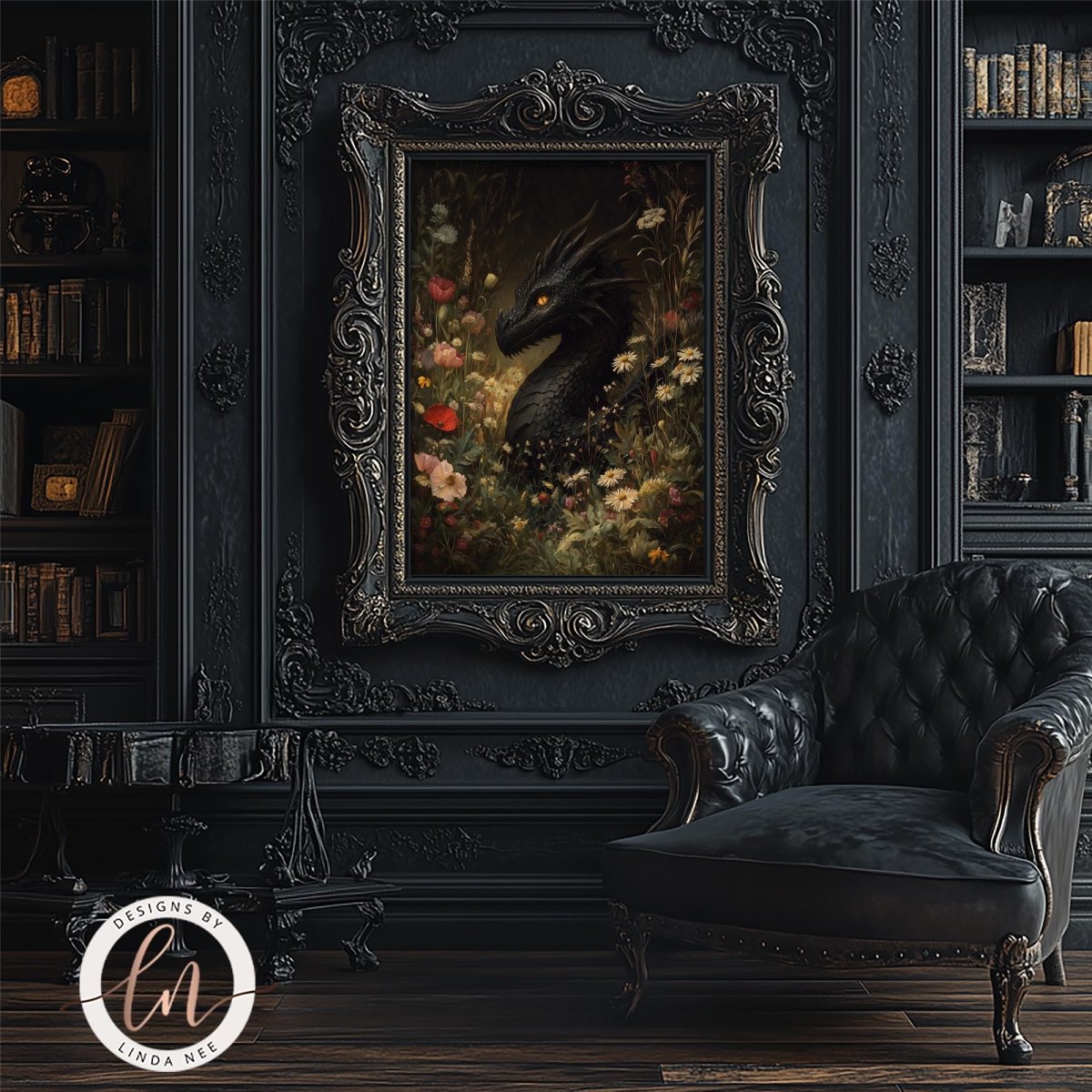 a dark, ornate room with a large, ornate painting of a dragon in the center. The room has a black leather chair and a bookshelf filled with books. The overall atmosphere of the room is dark and mysterious, with the painting of the dragon adding an element of fantasy and intrigue.