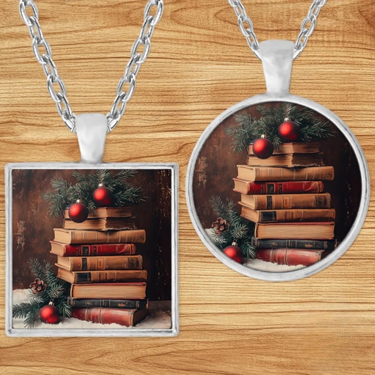Christmas Book Stack Bibliophile pendant necklace shown in round and square silver charm styles on a wood background