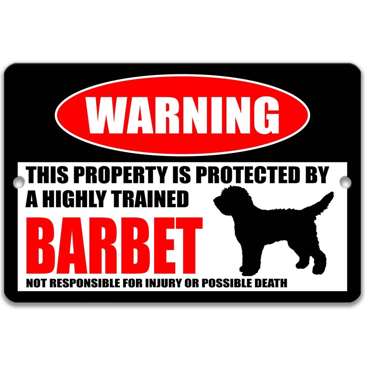 Barbet warning metal sign, glossy black, red WARNING oval and shaggy barbet silhouette