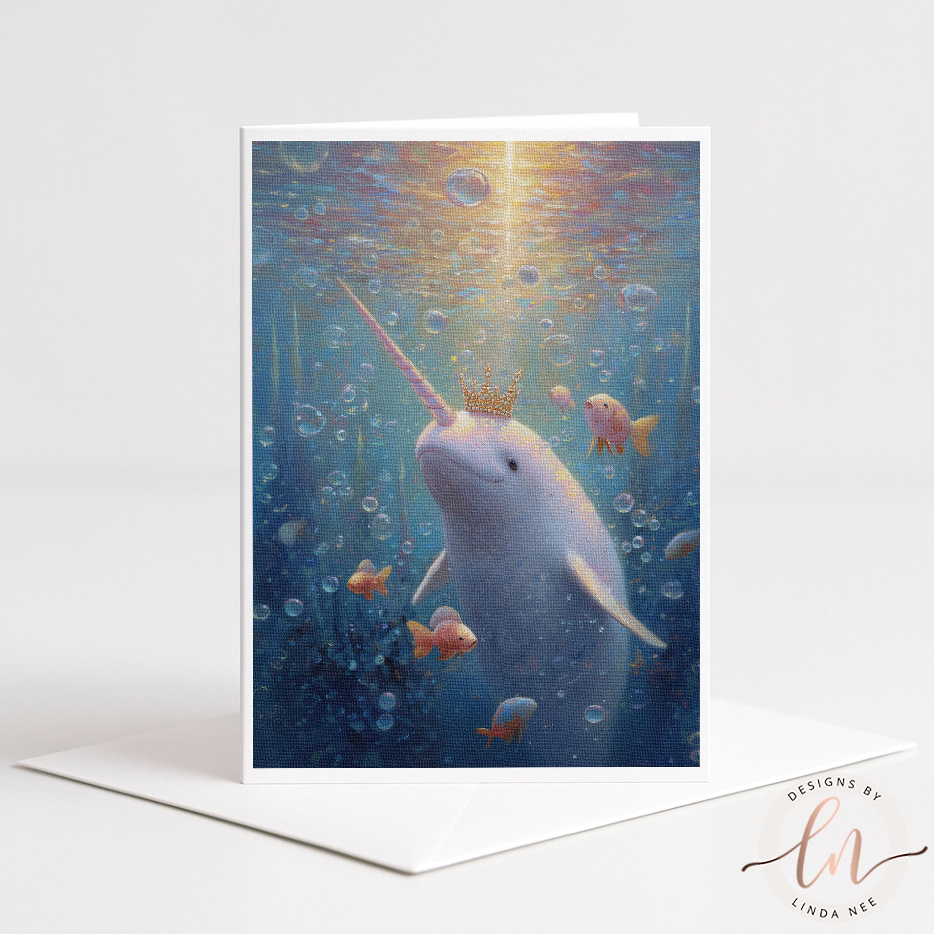 A whimsical painting of a unicorn-like creature with a long horn, surrounded by bubbles and fish in a vibrant underwater scene.