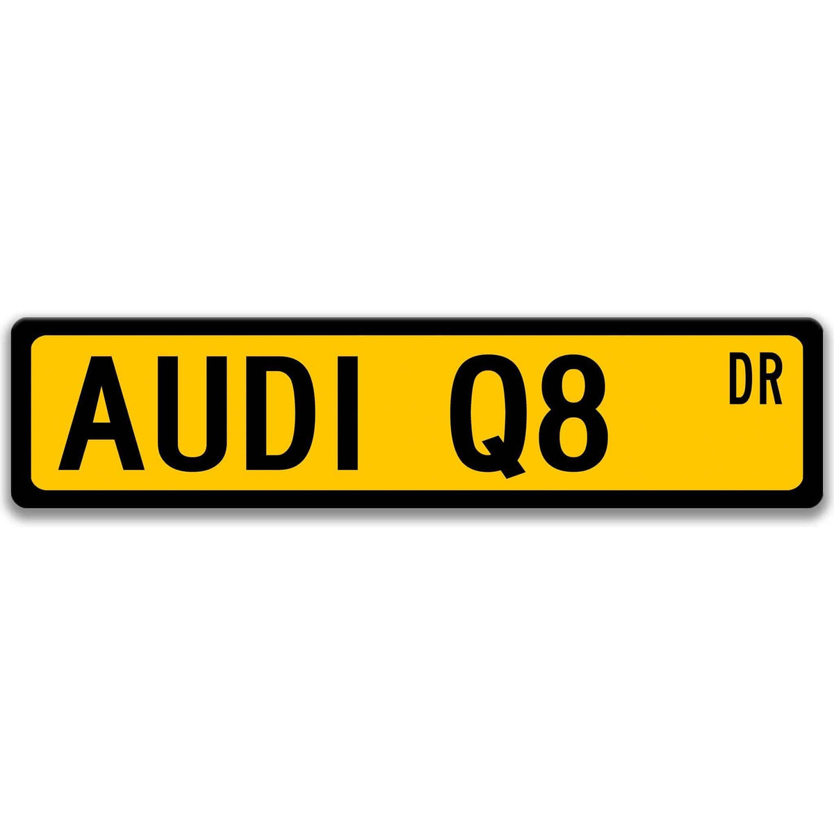 Yellow Audi Q8 DR aluminum street sign with black lettering