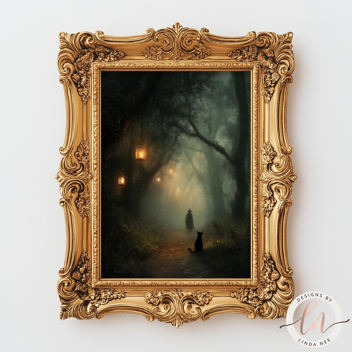 A framed painting depicting a dark forest path with a lone figure walking through the misty, ethereal landscape.