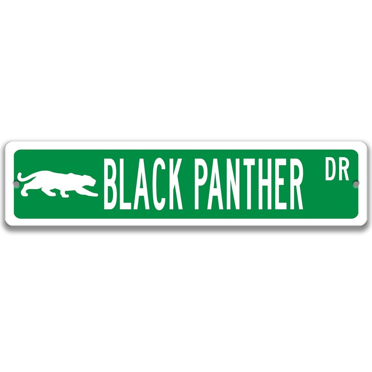 Black Panther metal street sign with a green background reading BLACK PANTHER DR with a prowling panther silhouette
