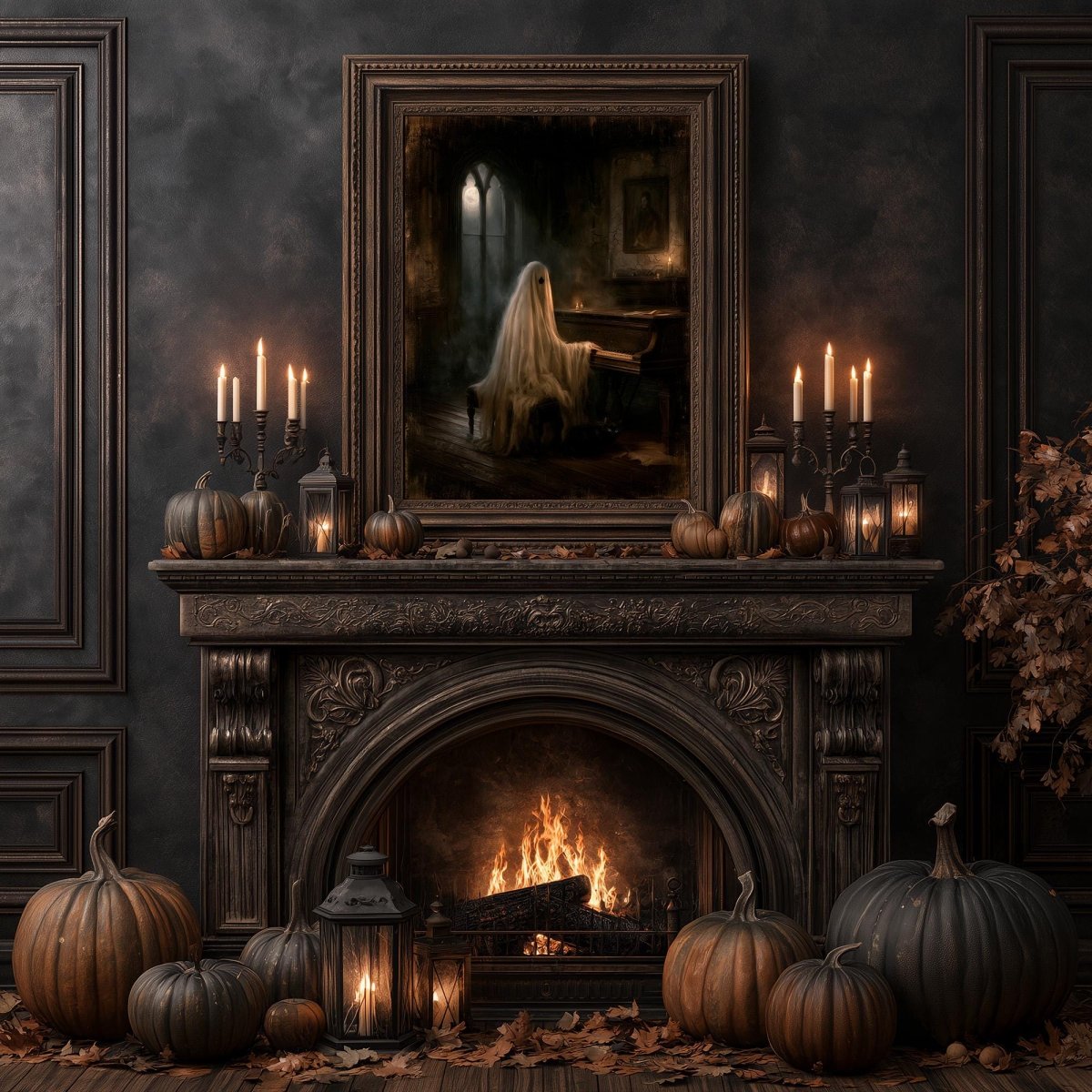 Autumn hearth with pumpkins and lanterns beneath the haunted manor print