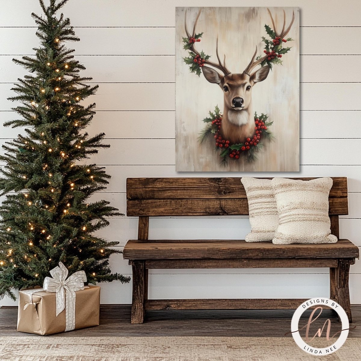 a cozy Christmas scene with a decorated Christmas tree, a wooden bench, and a framed painting of a deer with a holly wreath.