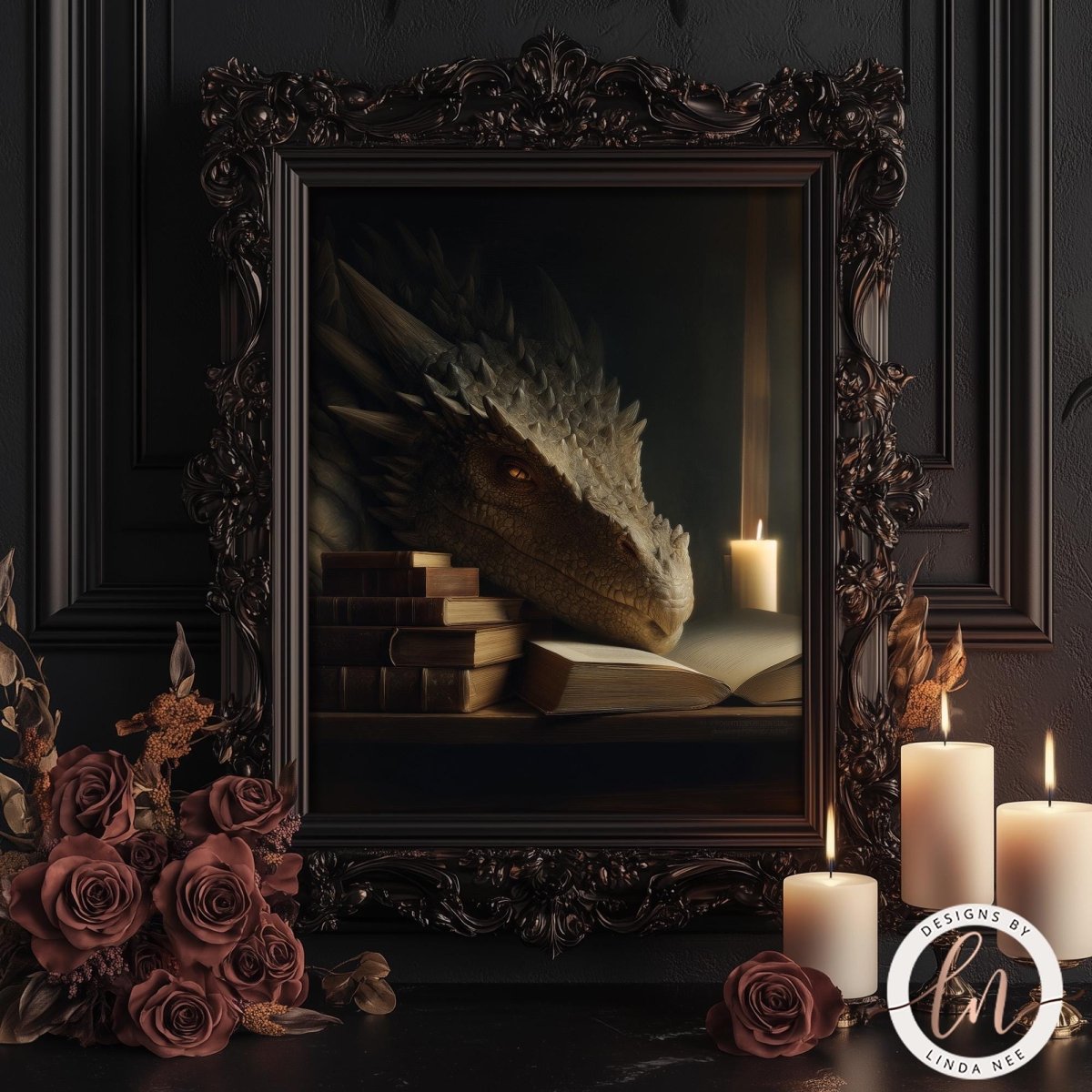 a large, ornate frame containing a painting of a dragon resting on a stack of books. The frame is surrounded by candles and roses, creating a warm and inviting atmosphere.