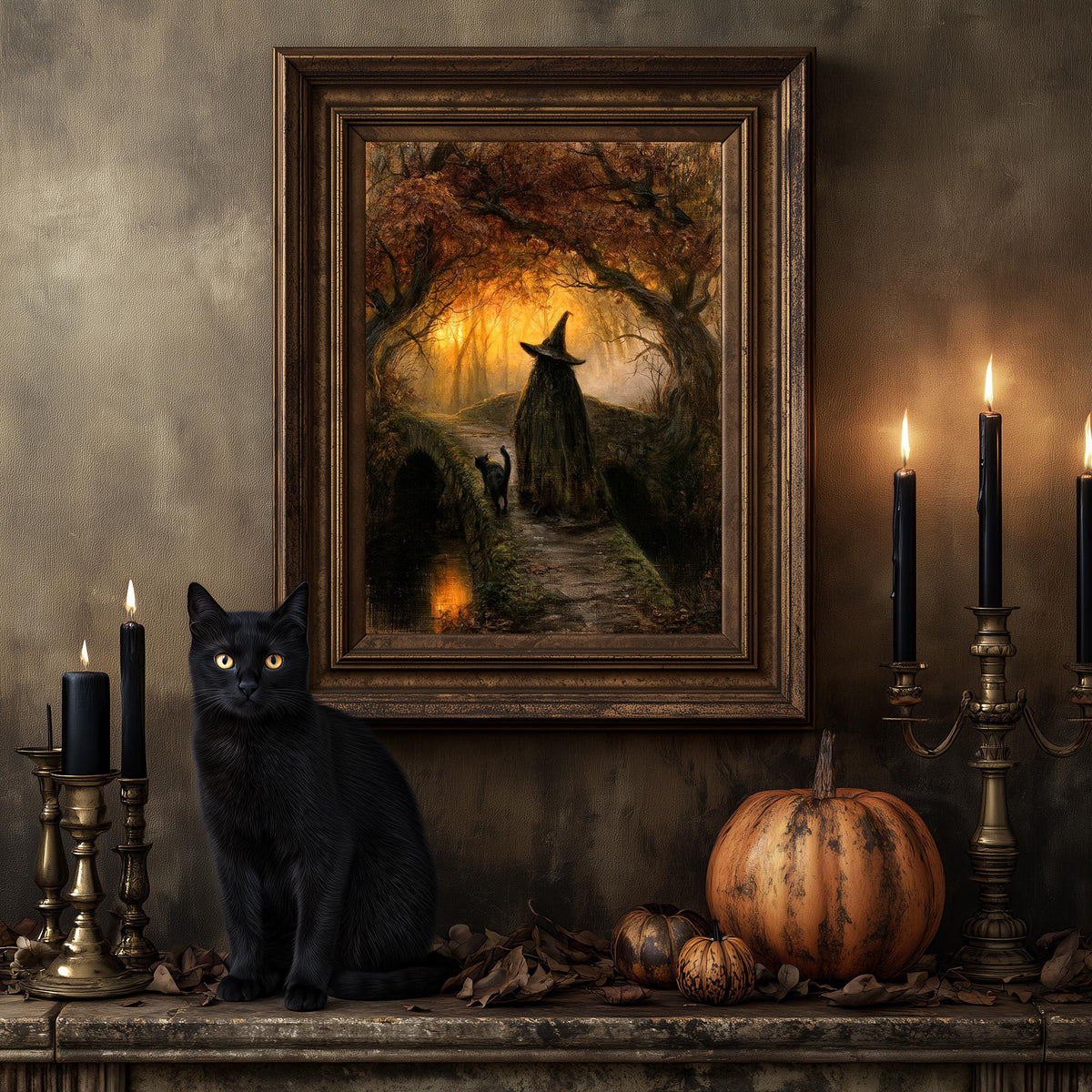 Black cat on a mantel below witch and black cat art print, surrounded by candles and pumpkins