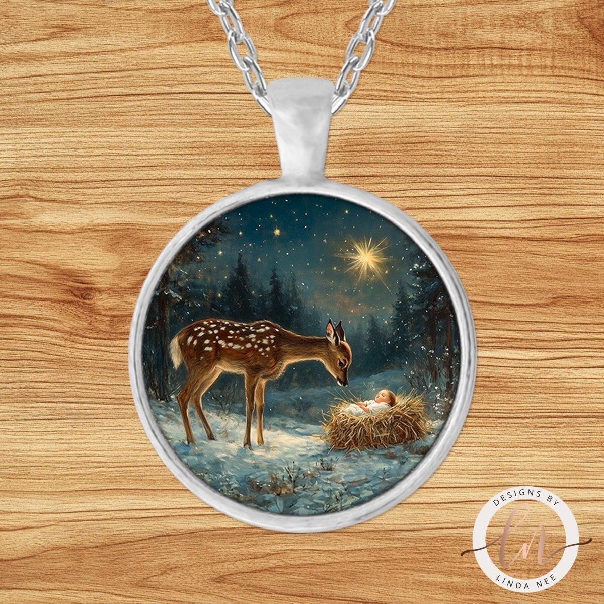 Nativity Fawn Christmas Pendant Necklace