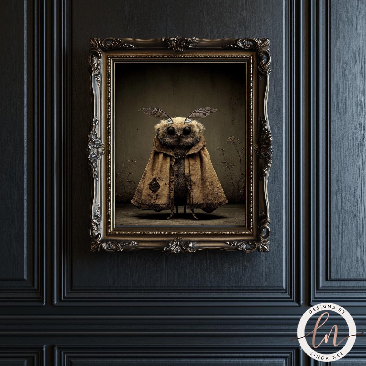a framed artwork depicting a whimsical creature with a hooded cloak, standing against a dark background.