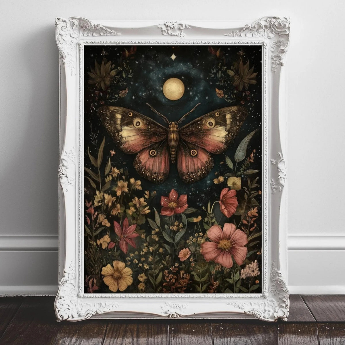 The image is a framed artwork depicting a butterfly surrounded by a lush garden filled with colorful flowers and plants.