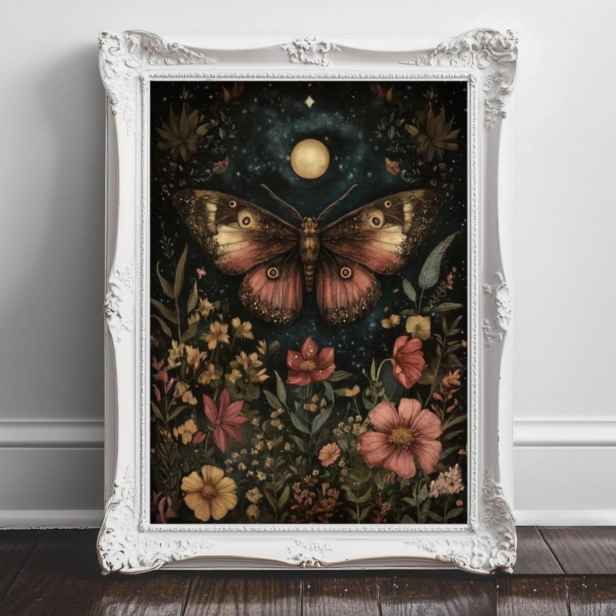 Moth with round eyes resting in a garden beneath a full moon