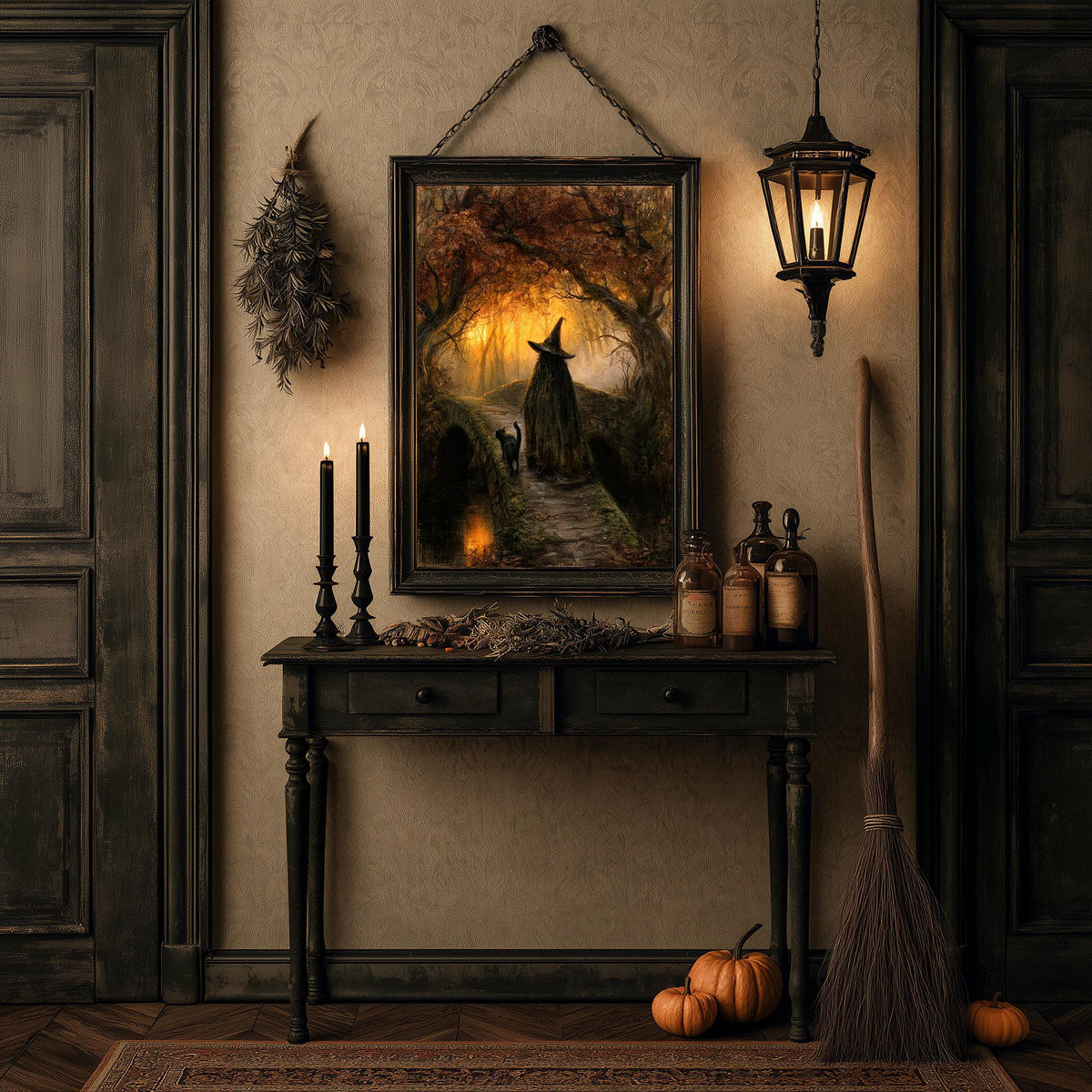 Dark cottagecore room with the witch art print, a broom, and bottles on a side table