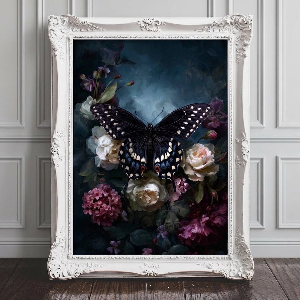 Black swallowtail butterfly resting on pink and white roses
