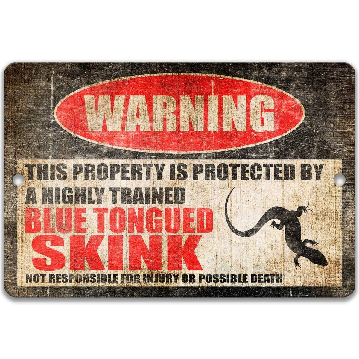 Blue Tongued Skink warning sign, red WARNING oval, this property is protected by a highly trained Blue Tongued Skink, with blue-tongued skink lizard silhouette